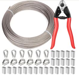 AFences 1/8 Inch Stainless Steel Cable 100FT - 7x7 Strand Aircraft Wire Rope With Loop Sleeve & Thimble - Heavy Duty For Deck Railing, String Light Ha