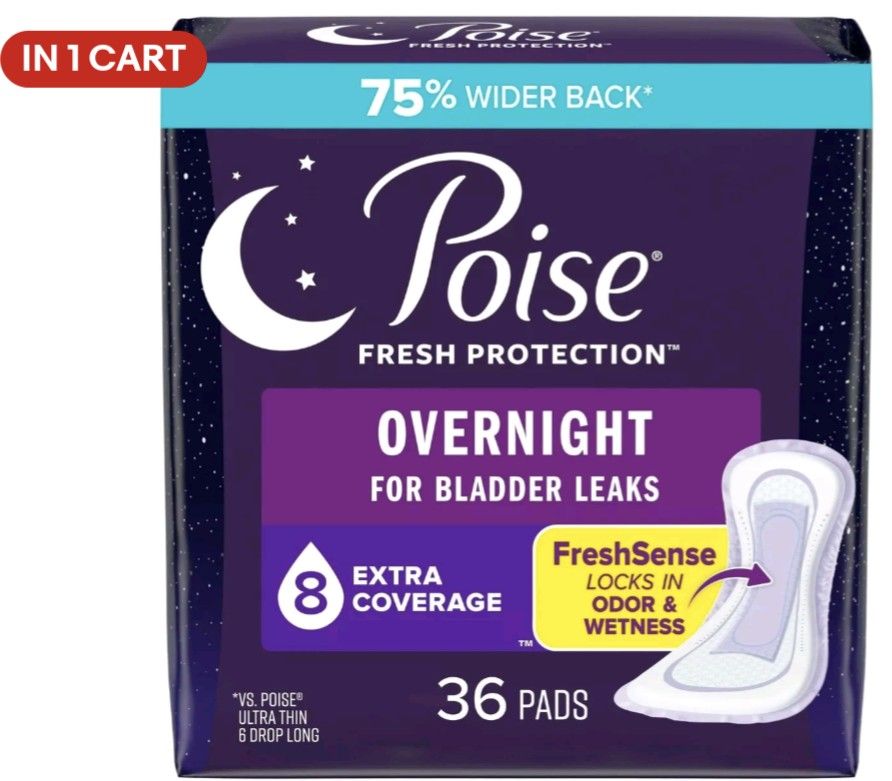 Poise Incontinence Pads for Women, 8 Drop, Overnight Absorbency, Extra-Coverage