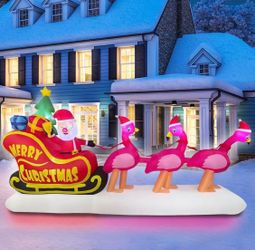 10FT Long Christmas Inflatable Flamingo Pull Sleigh Take Santa
