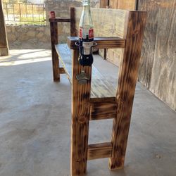 Rustic Burned-Wood Bench w/Cupholders And Bottle Openers