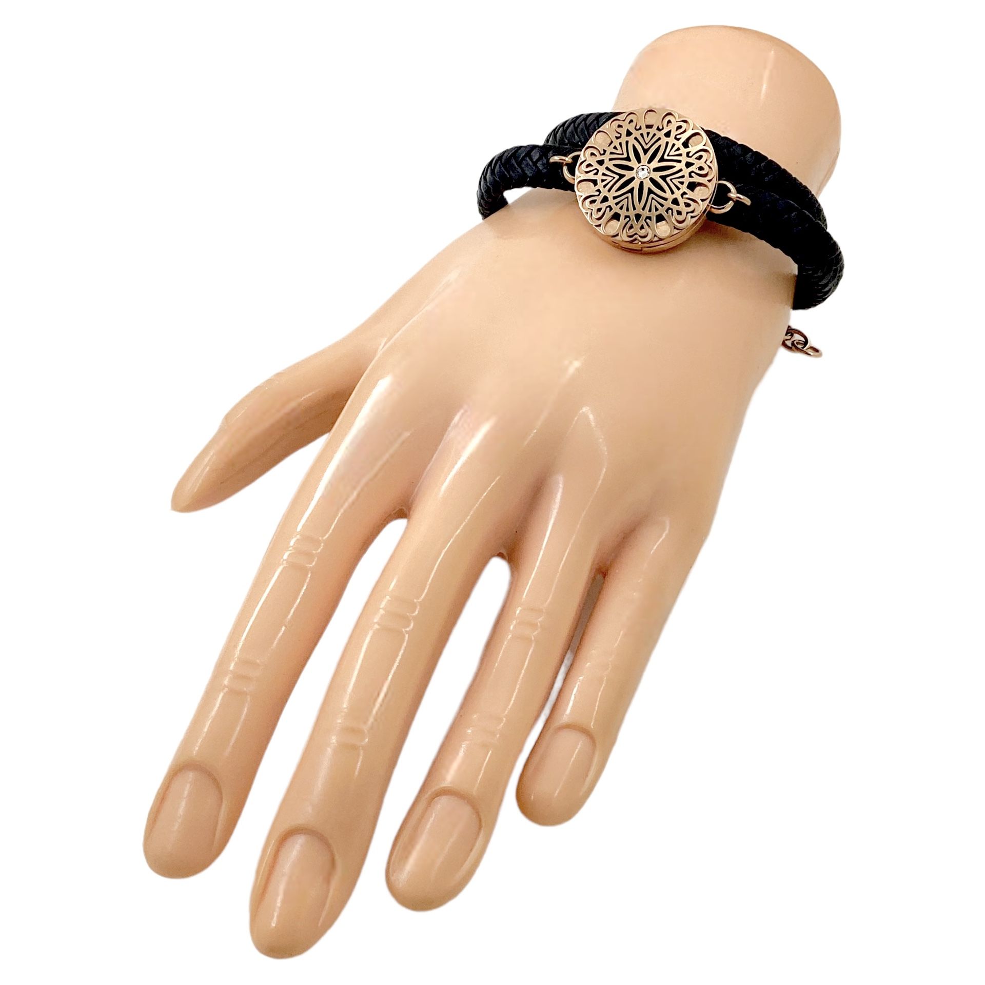 Locket Wrap Around Adjustable Bracelet, Perfume Essential Oils Defuser, Braided Black Leather, Rose Gold Plated, Filigreed Open Metalwork