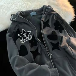 Menswear Star Pattern Print Full Face Zip Up Sweater Zip To Top Hoodie Sweatshirt Jacket Sweaters.