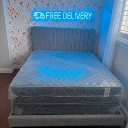 QUEEN size bed frame gray with mattress and box spring set free delivery