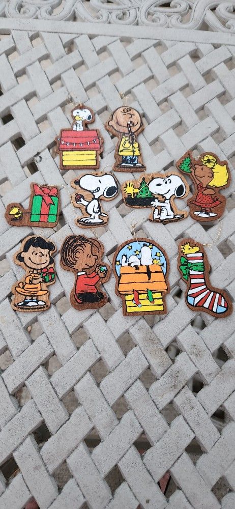 Vintage Snoopy And Gang Wood and Hand Painted Christmas Ordements