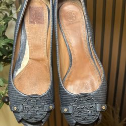 Tory Burch Blue/Grey Croc Open Toe Wedge Size 10