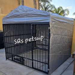 Brand New In box Large heavy duty iron dog kennel all weather wrap around tarp, feed door & bowls reinforced bars dog cage Corral de mascota