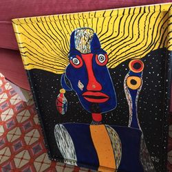 African Man In Oil Blk Red Yellow Orange Frame In Blk And Gold 16 1/2” X 21”