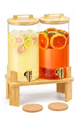 1.5 Gallon 2PCS Glass Drink Dispenser for Parties with Wooden Stand