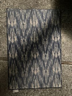 30” x 45” blue and beige patterned area rug with rubber backing.