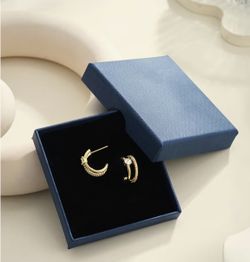 Stud gold Hoop Earrings, 14k Gold Plated, Zirconia. New In Box.