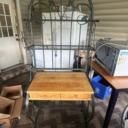 Rustic Wrought Iron Kitchen Baker’s Rack – Solid Wood Top & Drawers