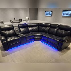 LED on bottom Dark Breathable Semi PU Leather Living Room Left Side Recliner Multifunctional Sofa Set