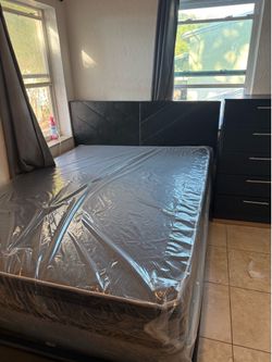 Queen bed frame with mattress and 1 chest. All new furniture free delivery free installation