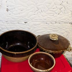 Brown Drip Bean Pots  With Lid USA pottery $30