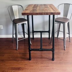 Rustic Barn Wood Table with Black Metal Pipe Legs with 2 Chairs