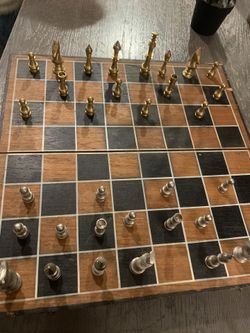 Vintage Wooden Folding Chess Set With Brass & Silver Metal Pieces