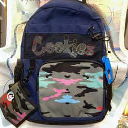 Cookies SF ESCOBAR SMELL PROOF CAMO PIECED POLY CANVAS BACKPACK W/ HEAVY DUTY PLASTIC ZIPPERS, INSET MESH POCKET & FRONT CARGO POCKET (NAVY)