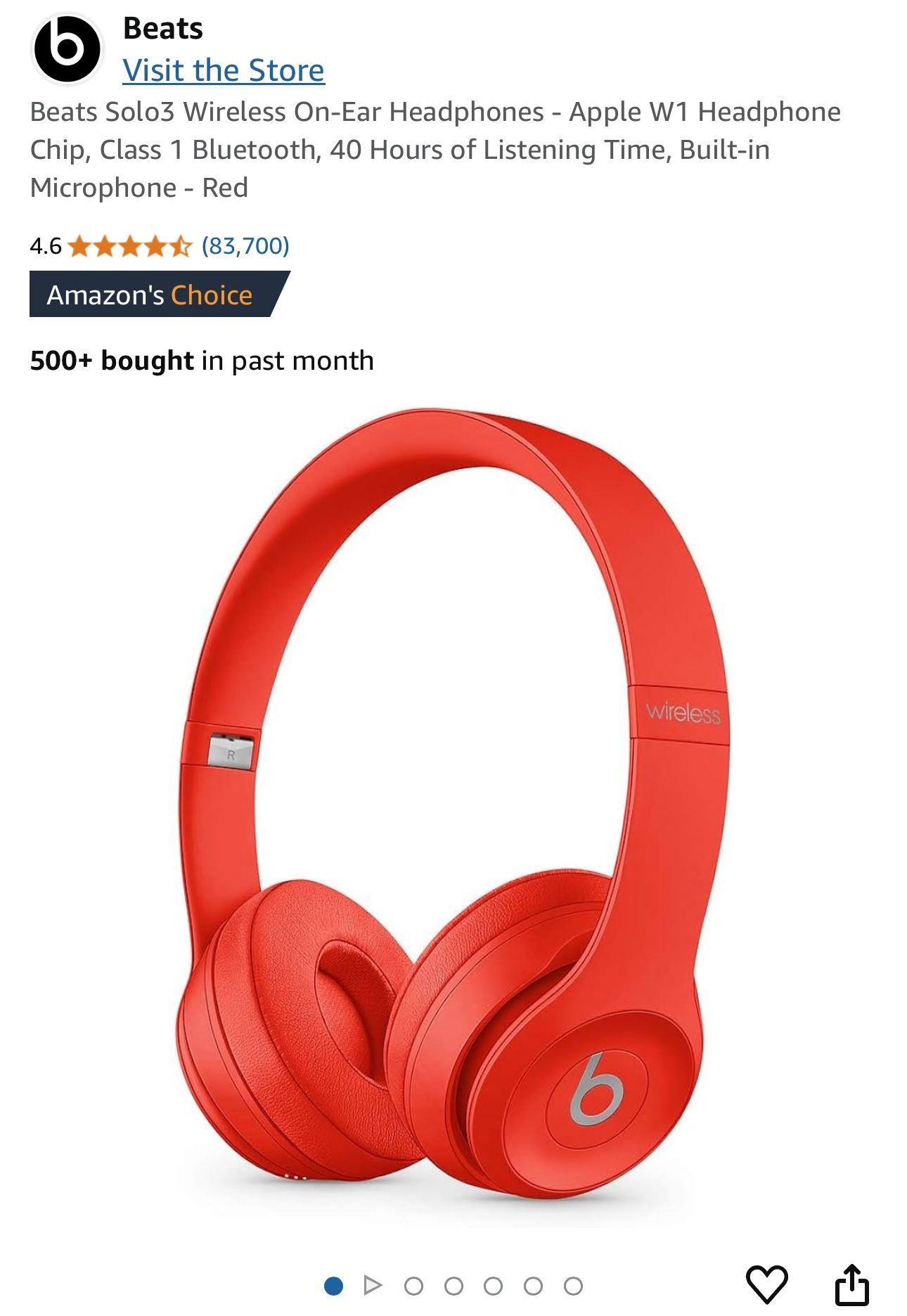Beats Solo3 Wireless On-Ear Headphones - Apple W1 Headphone Chip, Class 1 Bluetooth, 40 Hours of Listening Time, Built-in Microphone - Red