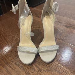 silver heels with stones and clear strap 