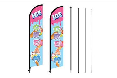 2 Sets Ice Cream Banner Sign Advertising Feather with Flag Pole Kit 12 ft Feather Banner Windless Business Flags Decoration for Ice Cream Advertising