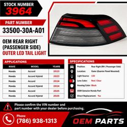 2023-2025 HONDA ACCORD SEDAN OEM REAR RIGHT LED OUTER TAIL LIGHT. REAR PASSENGER SIDE.