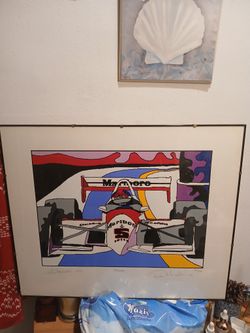 SIGNED PRINT BY RAY MASTERS,FRAMED,1993, EMERSON FITTIPALDI, INDY CAR RACING