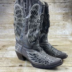 Corral Vintage Cowboy Boots Cross Wings Inlay Snip Toe Leather Stitch Wmns 10 M