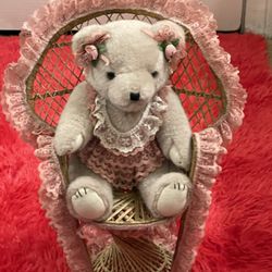Bearly People 1990s Teddy Bear Plush Victorian Lace with Wicker Chair -Excellent