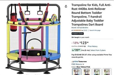 55" Trampoline For Kids,Full Anti-Rust 440lbs Anti-Rollover Round Bottom Toddler Trampoline