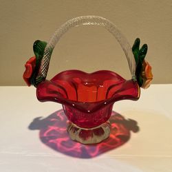 Vintage Blown Glass Red Basket with Applied Flowers