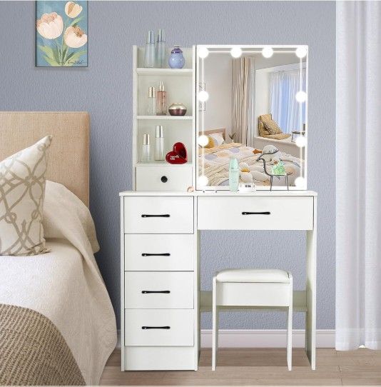 Makeup Vanity Desk with Mirror and Lights and Chair/Stool Vanity Table Set for Women, Dressing Table with Storage Drawers