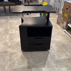 Height Adjustable Nightstand Overbed End Table with Swivel Top, Wood Bedside Table with Wheels for Bedroom, Black