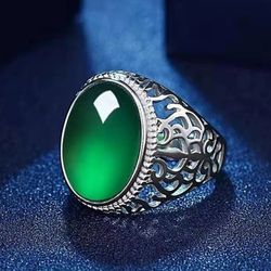 Men's 925 Sterling Silver Green Resin Hollow Open Ring