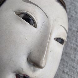 Antique Japanese Ningyo Doll Head Gofun Glass Eyes Signed Human Hair 1920s