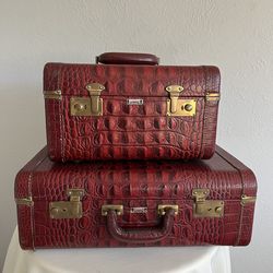 Rare Art Deco 1940s Genuine Leather Red Alligator Embossed Luggage Set by Eveleigh