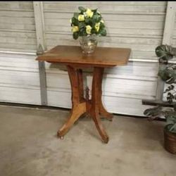 1700s Eastlake Style Antique Parlor Side Table On Wooden Wheels 29×28