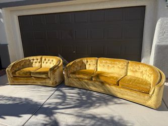 Vintage MCM retro curved gold 1970's couch and loveseat