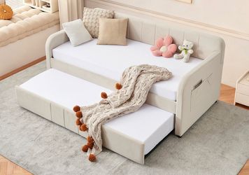 Gorgeous New Beige Velvet Twin To King Daybed w/ Trundle USB Side Pockets