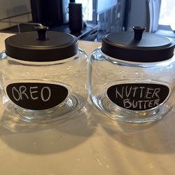Cookie Jars, black Lids, glass