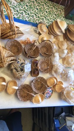 Small doll size wicker baskets and straw hats