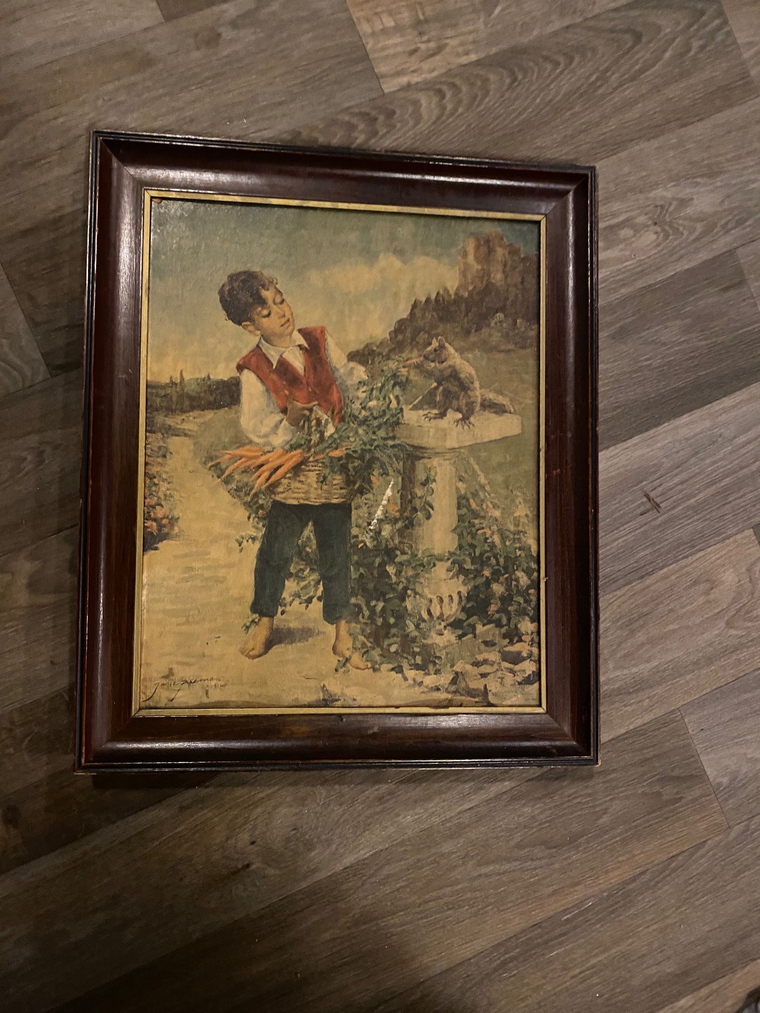 Painting In Frame And Signed Boy With Squirrel
