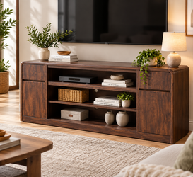 70" TV Stand with Storage Cabinets – Walnut Wood Media Console