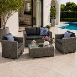 Puerta Outdoor 4-Piece Patio Conversation Set with Sofa, 2 Armchairs & Coffee Table, Deep Seating, 200 GSM Polyester Cushions, Gray & Black (ATB-2601-
