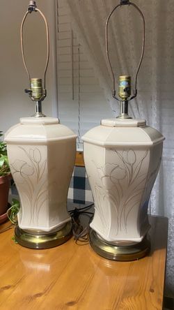 Vintage Glazed Ceramic Iris Lamps- Set of 2! Excellent Condition!