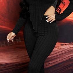Ribbed Knit Black 2 Piece Pants Set