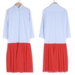 Sandro Midi Shirt Dress Two Toned Blue Stripes Top Pleated Red skirt size 40