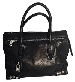 Steve Madden Black Leather Satchel Handbag Silver Hardware Designer Purse Large