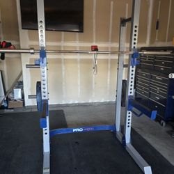 Squat Rack, Bar, Bumper Plates
