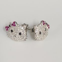 925 Sterling Silver Hello Kitty Style Earrings With CZ & Ruby Accent - Cute Sparkle Studs