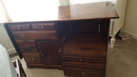 Antique Fold-Out Sewing Station With Rolling Storage Bench